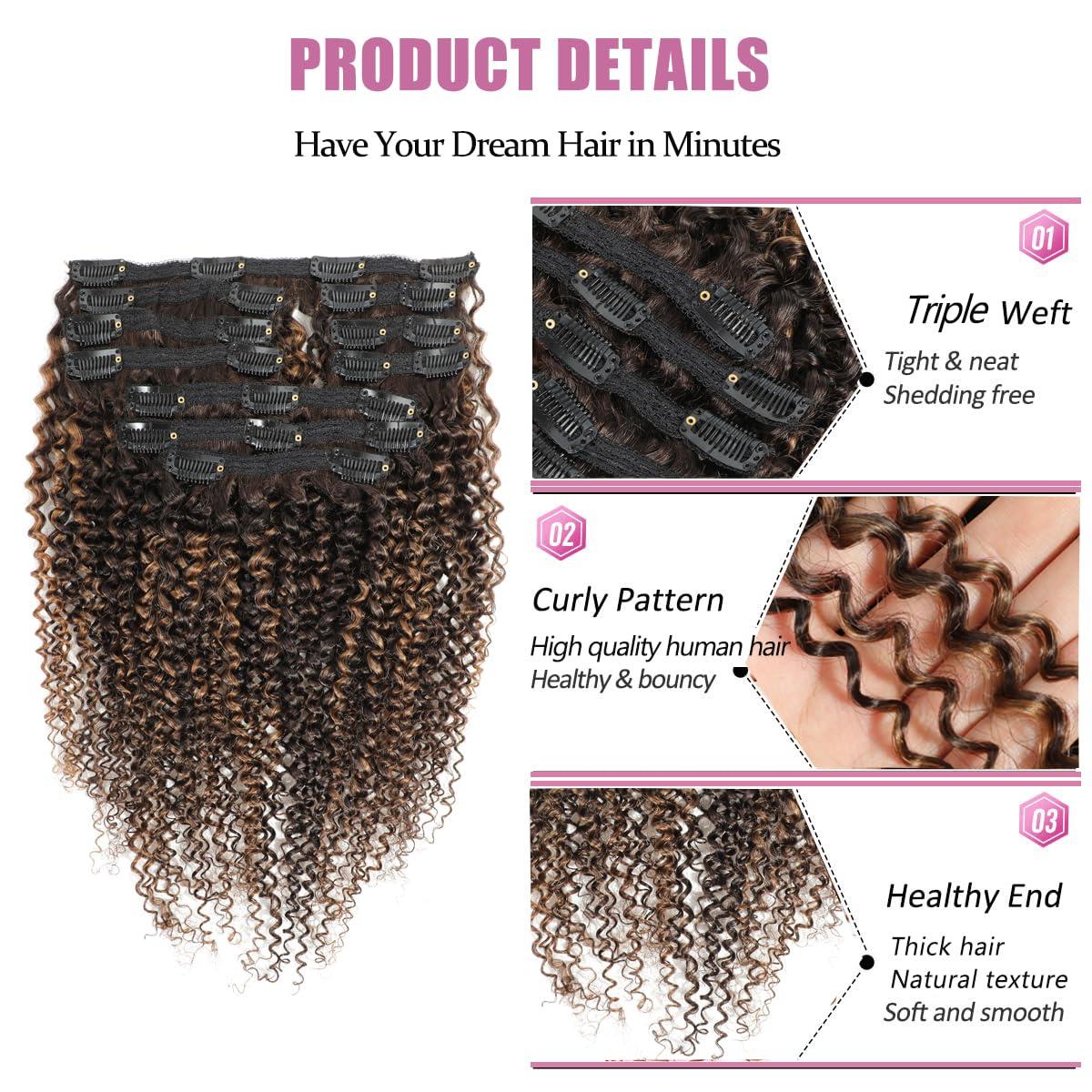 YAMI YAMI Kinky Curly Clip in Hair Extensions10Pcs Clips Triple Weft Brazilian Remy Human Hair 3C 4A curly Clip in Extensions 120g Afro Kinky Curly Clip ins for Black WomenP4/30,10inch)