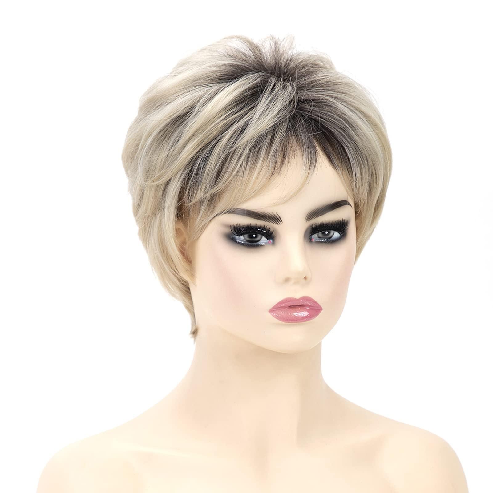 Happy Cherry Happy Cherry Human Hair Wigs with Bangs Blonde Short Wigs for White Women Layered Shaggy Synthetic Wig Mom Wigs Ombre Hair Wigs with Cap Comb