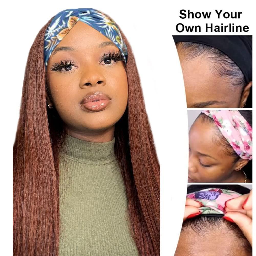 YiweYowe #4 Chocolate Brown Headband Wig Human Hair Machine Made Headband Wig Grade 8A Glueless Brazilian Remy Human Hair Wavy Wig 150% Density No Lace Wig 28 Inch #4 Straight Brown Wave Wig Human Hair