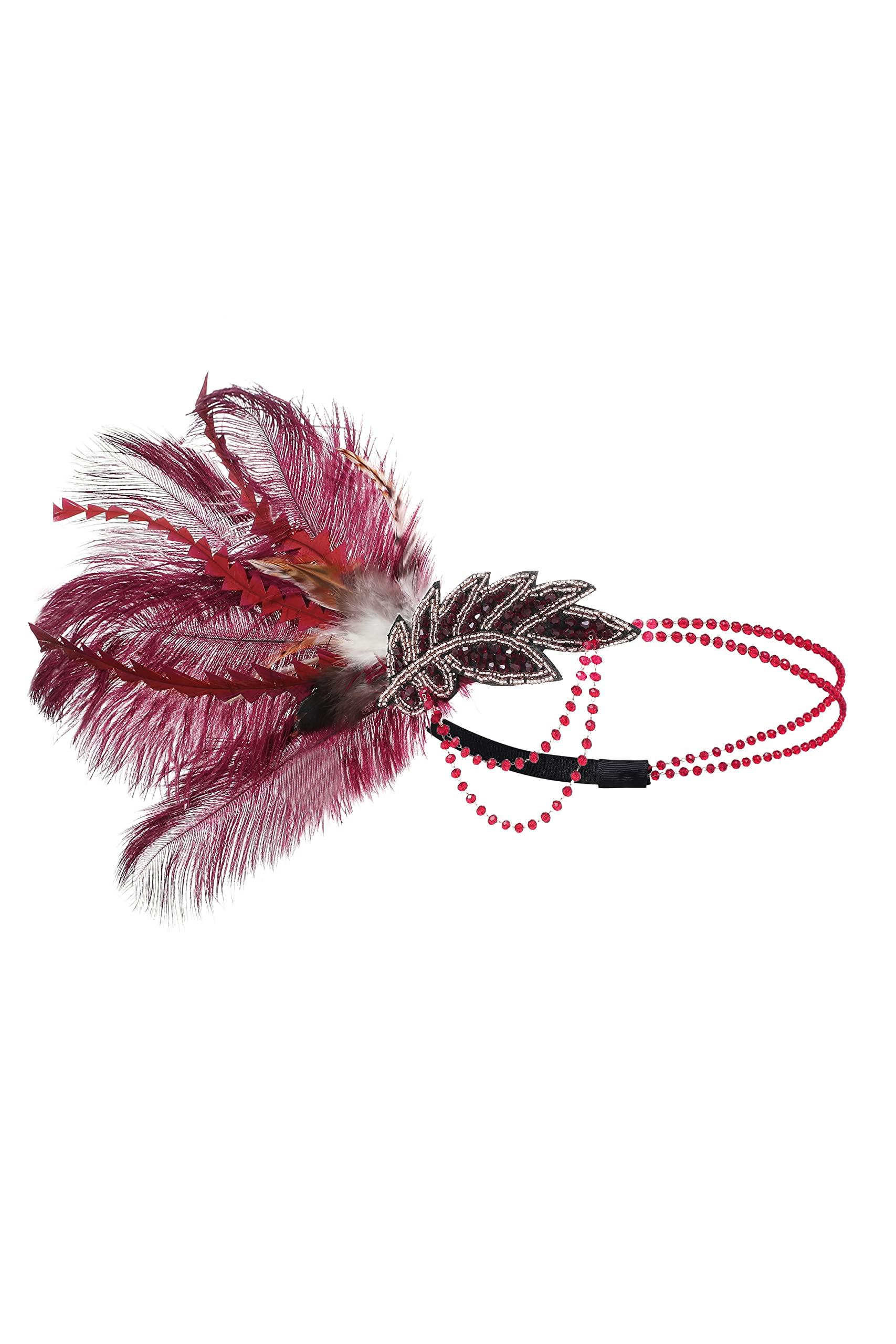 BABEYOND BABEYOND 1920s Headpiece Flapper Headband - Roaring 20\'s Sequined Showgirl Hair Band with Feather (Wine Red)