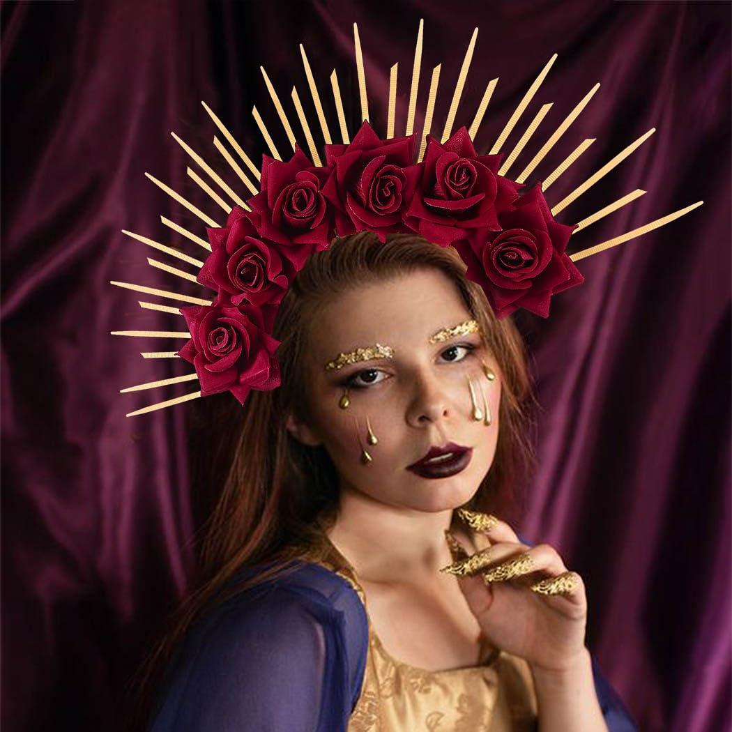 BARTOSI BARTOSI Halo Crown Mexican Flower Headband Spiked Crown Goddess Headpiece Mary Halo Crown Halloween Party Cosplay Costume Headwear for Women