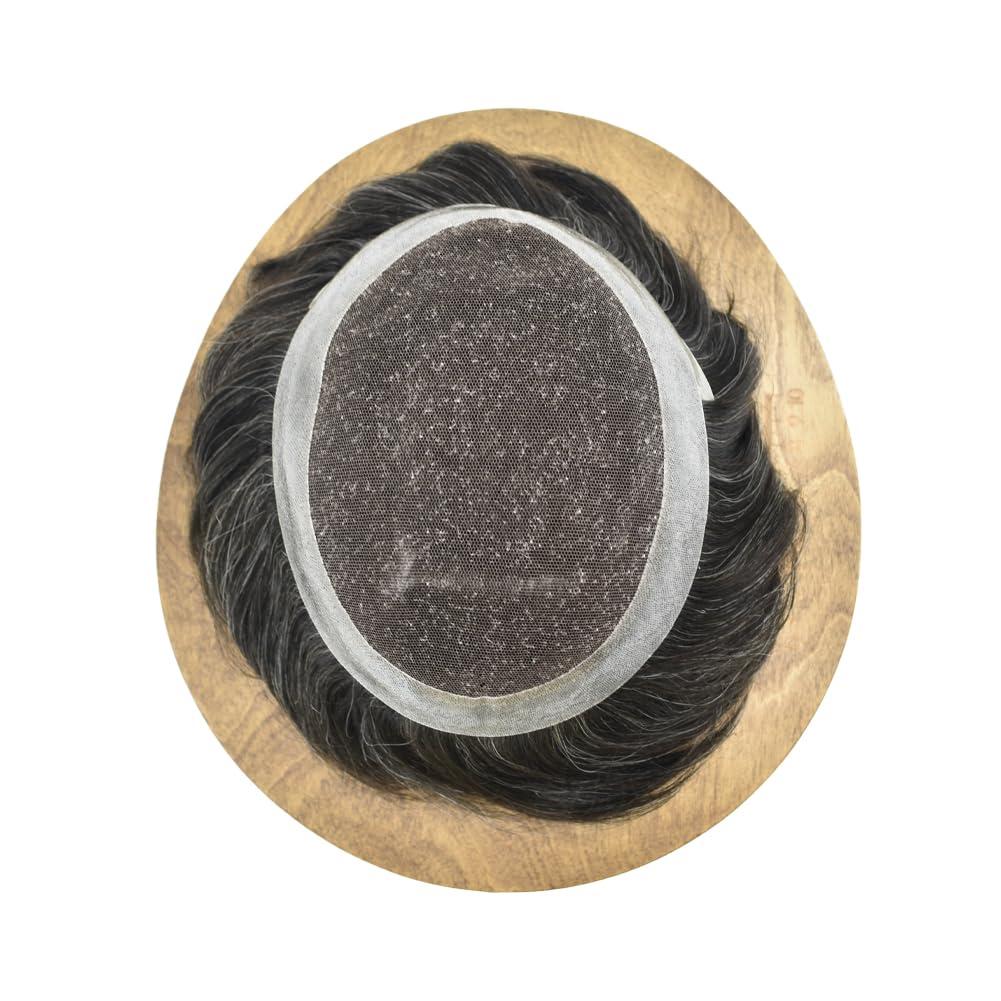 DR Hair Toupee For Men Hair Replacement System For Men Swiss Lace Mens Hair System Hair Pieces For Men Real Human Hair Mens Toupee 6x8\'\'-100% light to medium density#1B20 1B# OFF BLACK+20% GREY