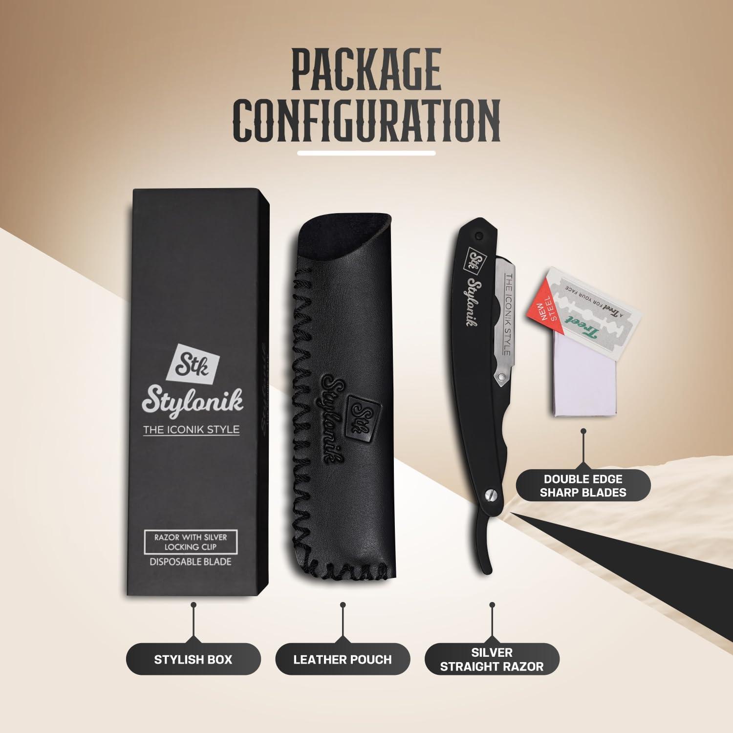 Stylonik Stylonik Professional Straight Edge Barber Razor 60 Single/30 Double-Sided Stainless Steel Blades for Men & Women, with Leather Case (Silver)