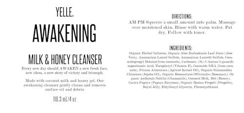 Yelle Yelle. Skincare | Awakening Milk & Honey Cleanser Formulated with Coconut Milk, Vitamin E Organic Herbal Infusion to Balance pH Levels and Retain Skins Natural Moisture Levels.| 4 oz