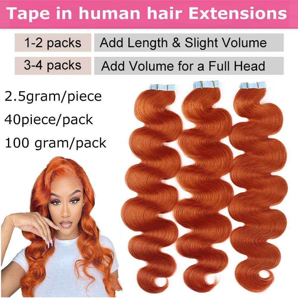 Kiss darling LASHES Ginger Tape in Hair Extensions 24inch 40pcs 100g Real Human Hair Extensions Body Wave Tape in Human Hair Seamless Remy Human Hair Extensions Full Head