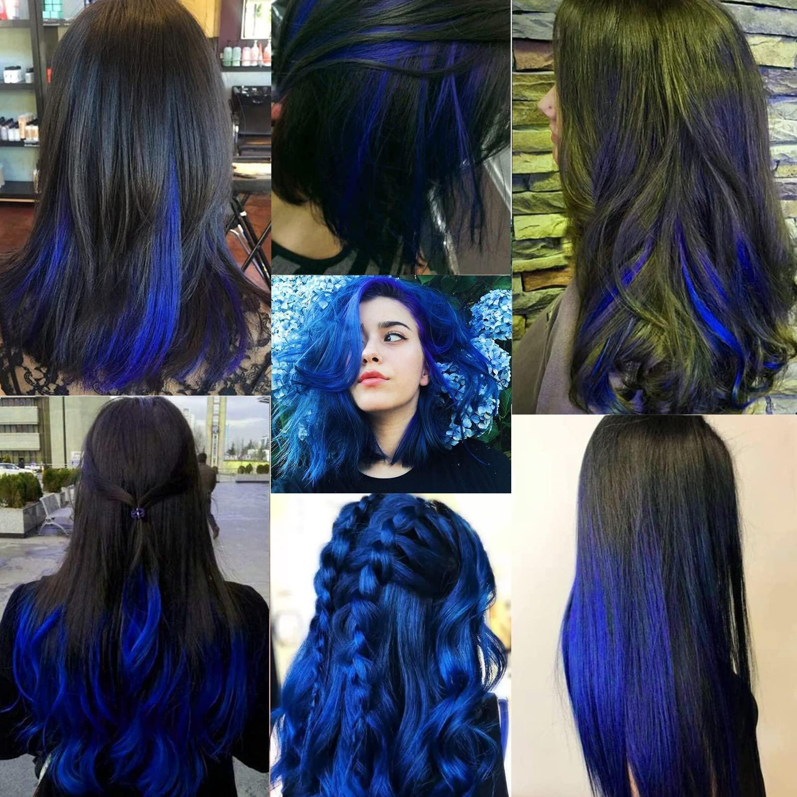Olldag 12 PCS Blue Hair Extensions Clip in, 20 Inch Colored Hair Extensions Party Highlights Long Straight Synthetic Hairpieces for Women Kids Girls