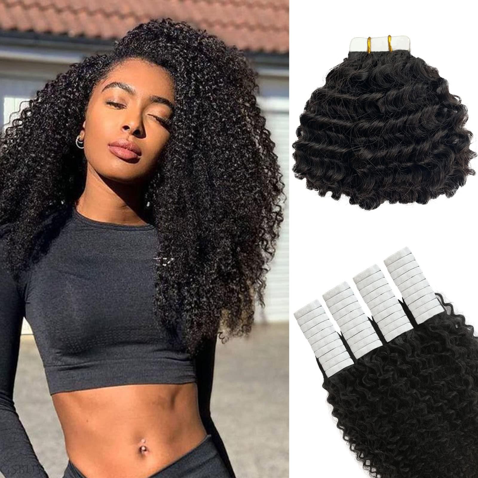 OiMiGO Natural Black Curly Hair Extensions, 40 Pieces 100g OiMiGO Brazilian Human Hair Kinky Curly Tape in Extensions 3C 4A Tape ins Extension for Black Women 22 Inch Soft Curly Tape Extensions Real Hair
