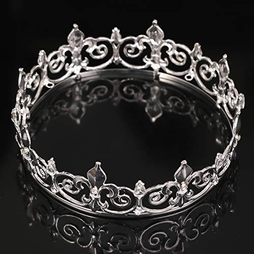FORSEVEN FORSEVEN Full Round King Crown- Metal Rhinestone Crowns and Tiaras for Women and Men Party Prom (HG340 Silver)