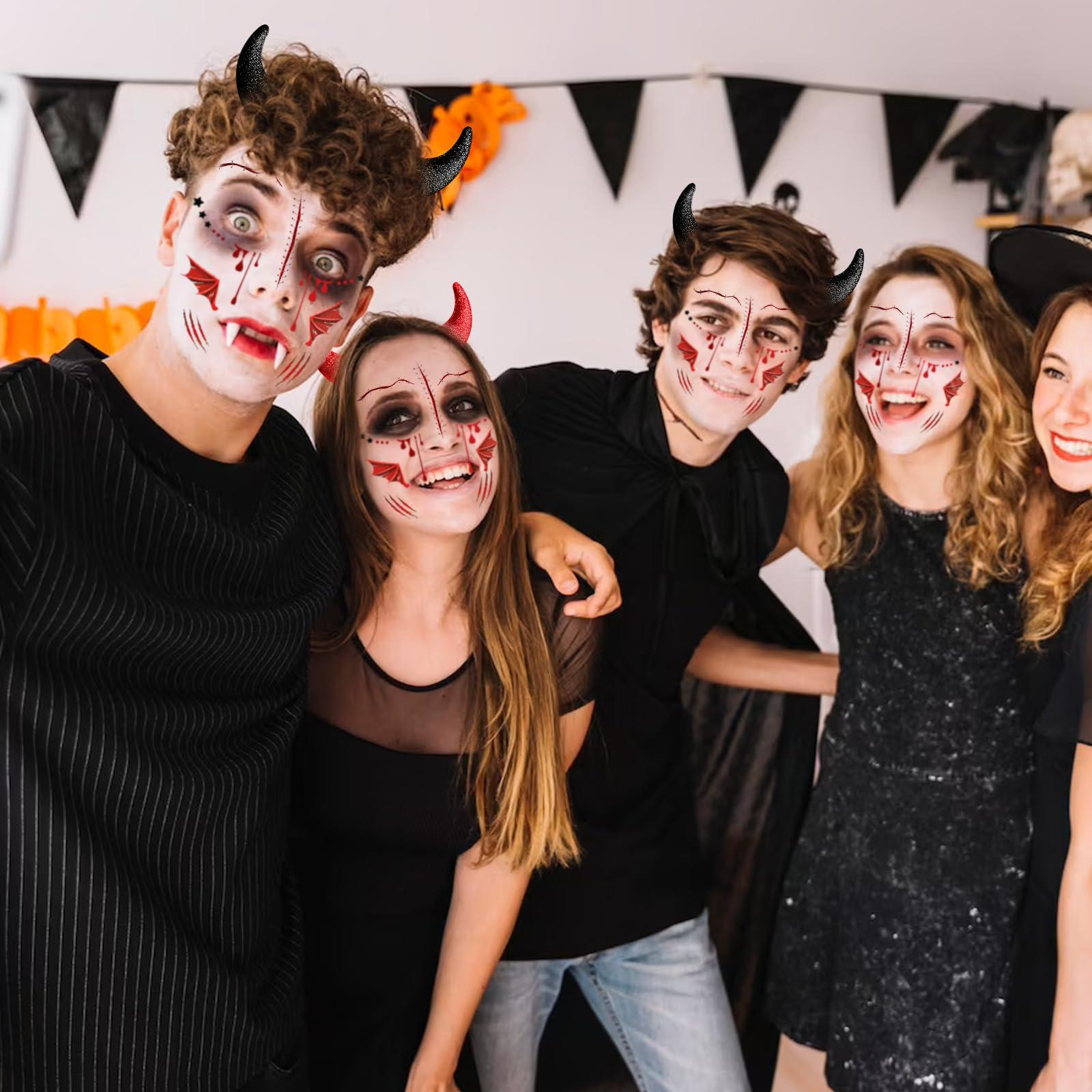 nooepc nooepc Glitter Devil Horns Headband With Halloween Tattoos, Red Devil Horns Halloween Costumes for Women Men Girls, Halloween Fancy Devil Accessories Dress Cosplay Hairband-Black