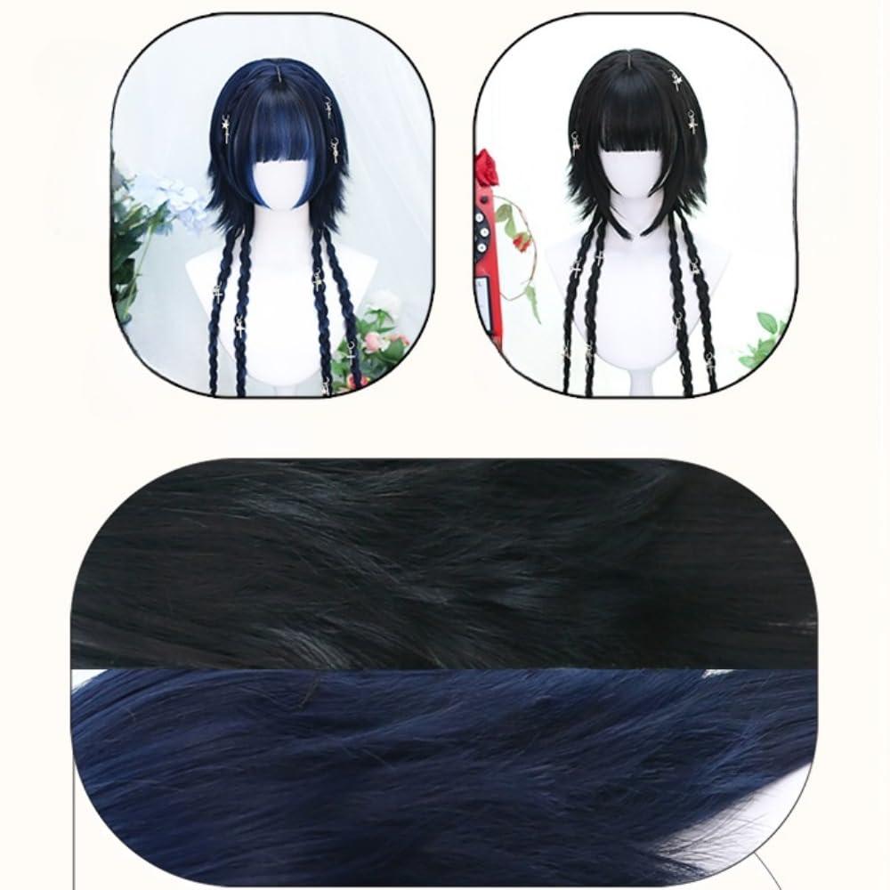 SCORRO Hime Cut Long Straight Black Layered Hair Lolita Bob Wig Hair with Bangs, Pre-styled Jellyfish Braided Hair Wig for Women Girls, Party Wig Halloween Daily Wigs (braided Styling,natural Black)