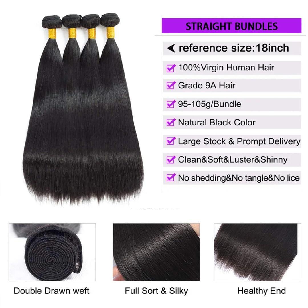 Wjnvfioo Bone Straight Human Hair Bundles With 13X4 Lace Frontal Closure With Extensions Brazilian Weave Bundles With Closure 13\" x 4\" 12 14 16 frontal10