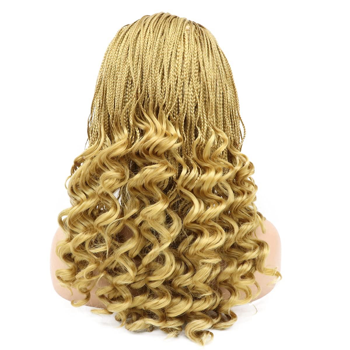 karissa Hair 613 Blonde Braided Wigs for Black Women Short Micro Braids Curly Lace Front Synthetic Wig Pre Plucked Hairline Gold Frontal Handmade Braiding Glueless Heat Friendly Hair Daily Cosplay Party 16Inch