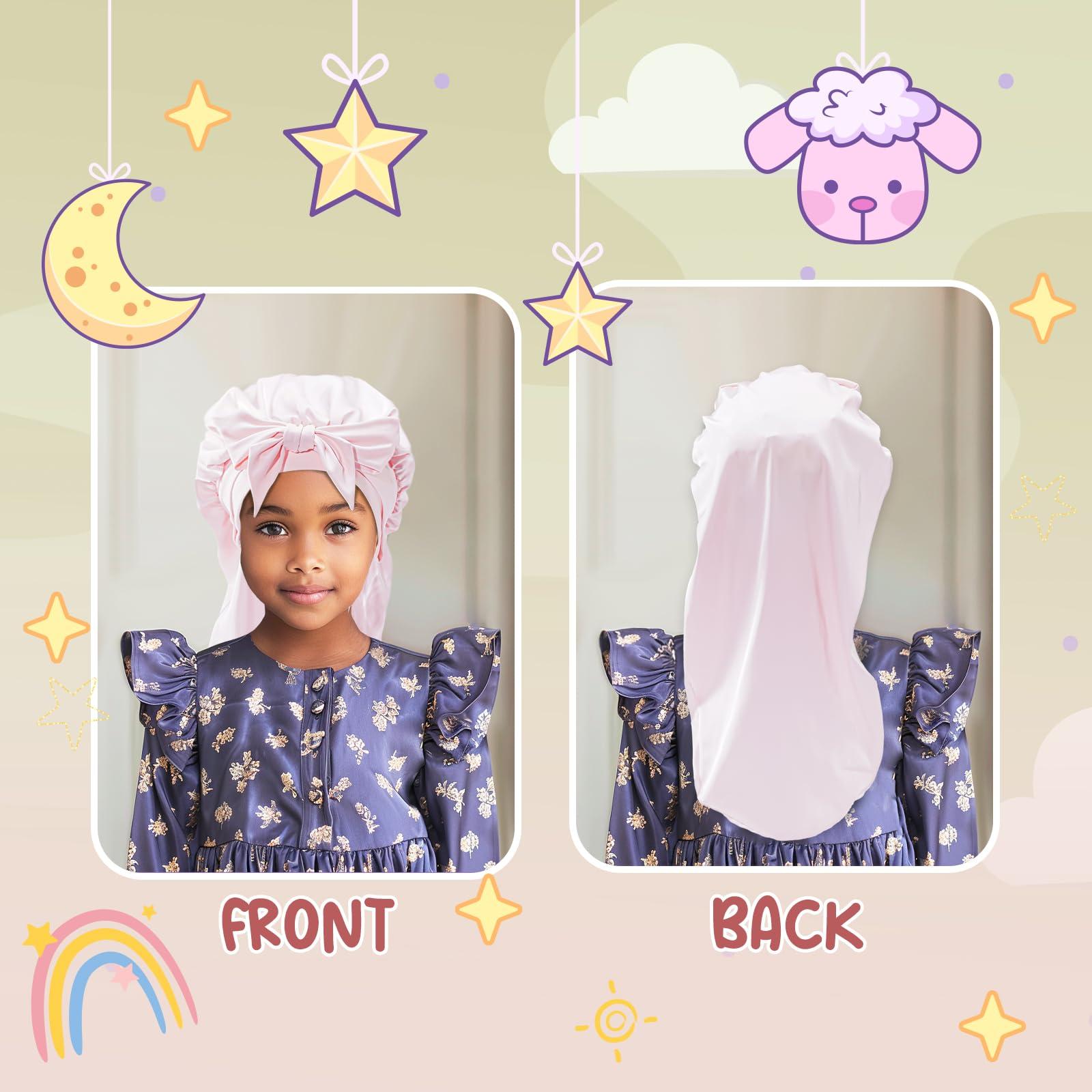 Lolalet Lolalet Kids Bonnets for Girls, Long Silk Bonnet for Sleeping Kids Satin Bonnet Cap with Tie Band for Dreadlocks Braid Afro Curly Hair -2 PCS, Green & Pink