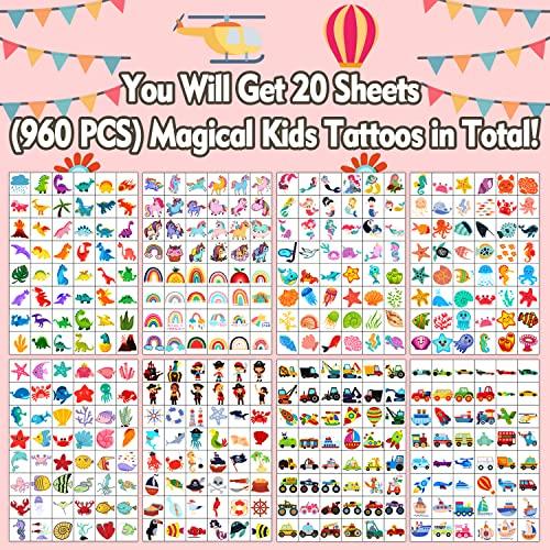 PARTYWIND Partywind 960 PCS Individually Wrapped Tattoos for Kids Bulk, Cute Temporary Tattoo Stickers for Birthday Party Supplies Favors, Fake Tattoos for Kids Christmas Gifts Games (20 Sheets)