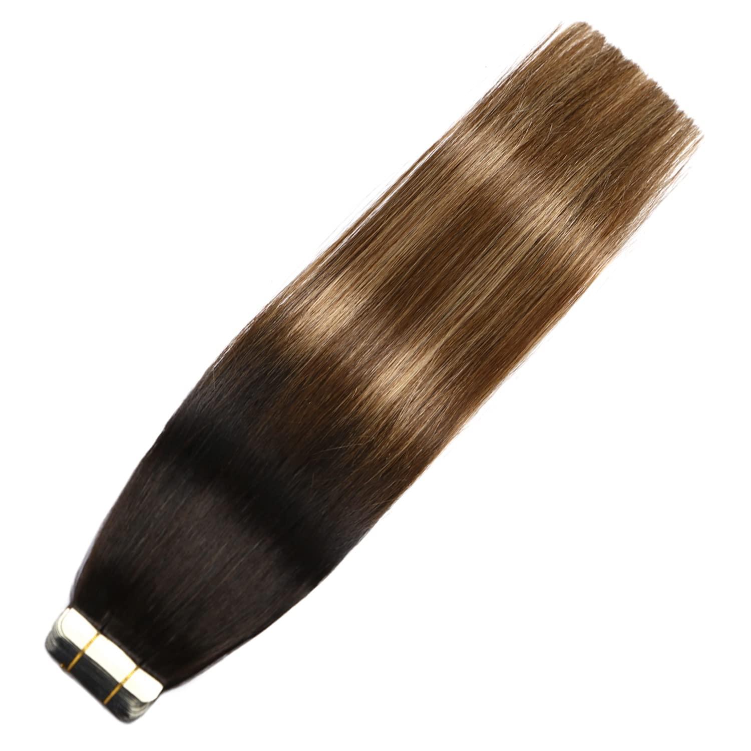 SURNEL SURNEL Tape in Hair Extensions Human Hair 16 inch Tape in Hair Extensions Color 1B Fading to 4 Brown Highlighted 27 Blonde Tape Hair Extensions 20 pcs 50g(#1B/4/27-16)