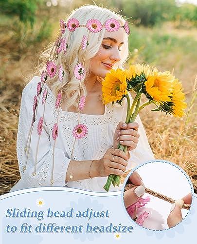 CHLINS CHLINS Hippie Headband Flower Crown Bohemian Sunflower Headband Flower Headpiece Hippie Costume 60s 70s Outfits for Women (Pink)