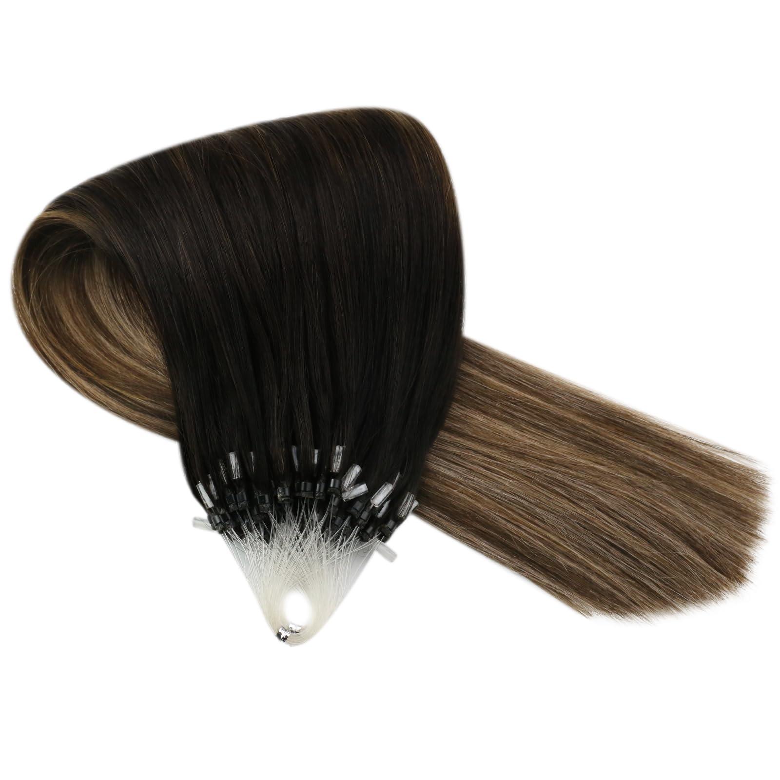 Sunny Hair Sunny Hair Micro Link Hair Extensions Human Hair MicroLink Hair Extensions Human Hair Black Balayage Dark Brown Ombre Medium Ash Blonde Micro Beads Hair Extensions Simplify Maintenance 50g 22inch