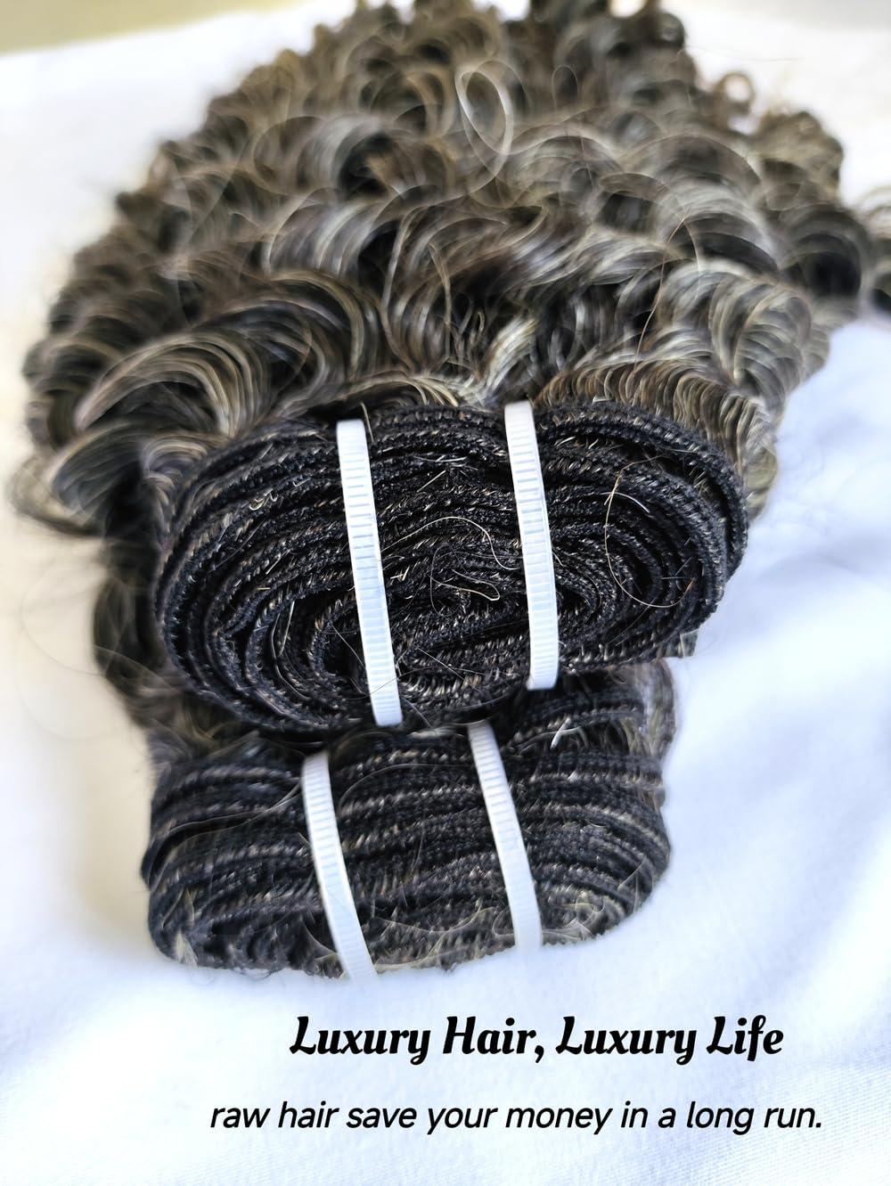 Clytie Curly Raw Human Hair Bundles Salt and Pepper Gray Jerry Curly Grey Raw Hair Bundles 50% Grey Mixed Black Color 14 Inches 2 Bundles Virgin Hair Weave Extensions Can be Dyed and Styled by Clytie