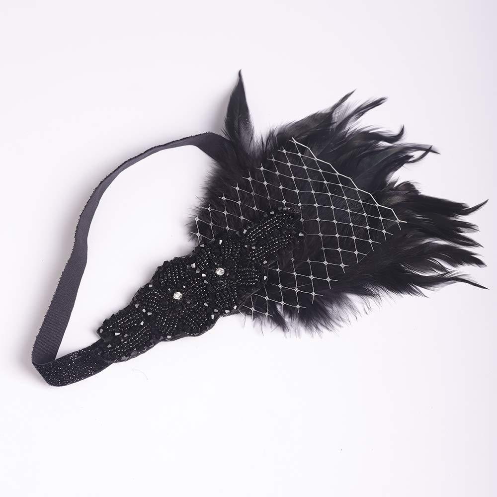 Aimimier Aimimier 1920s Flapper Feather Headband with Veil Black Beaded Sequined Costume Headpiece with Elastic Band Carnival Party Roaring Hair Accessories