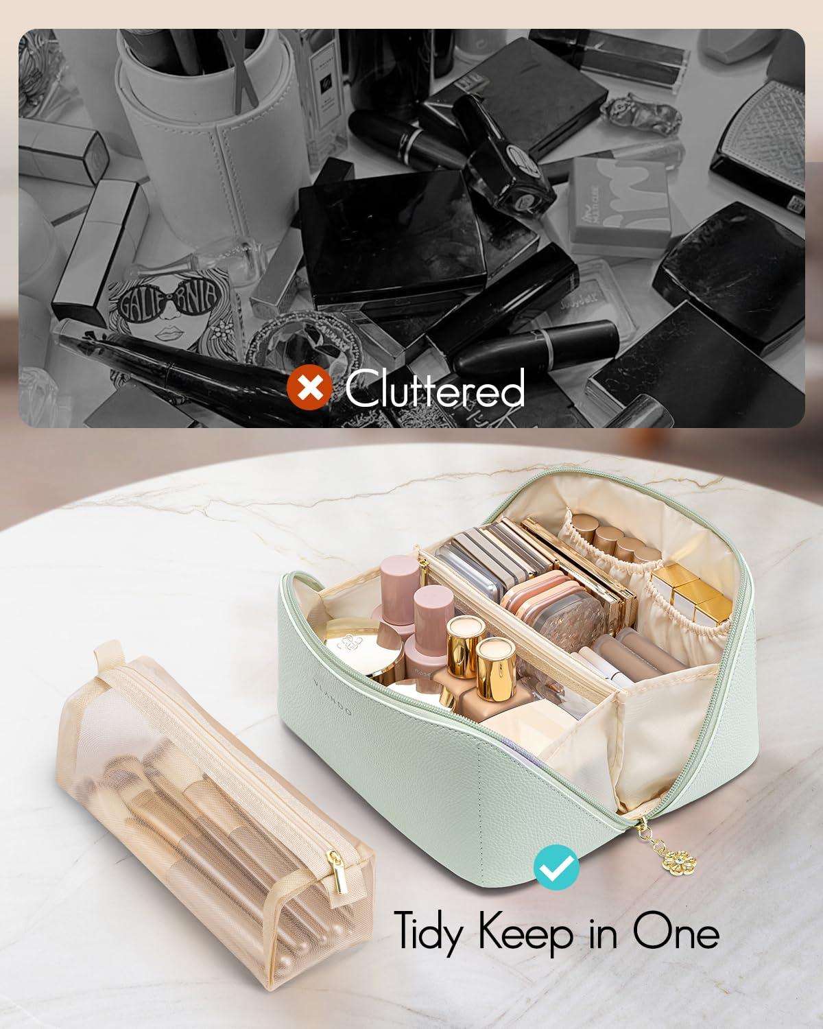 Vlando Vlando Makeup Bag,Travel Makeup Bag Waterproof Portable Cosmetic Bag PU Leather Open Flat Make up Organizer for Toiletries,Makeup Brushes Bag for Teen Girls Women(Mint Green)