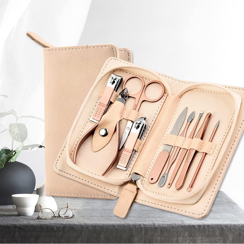MHJKHG Manicure Set Travel Manicure Sett 9-Piece Personal Care Portable Nail Set with Built-in Nail File for Men and Women Home Nail Clippers and Tweezers Set Manicure Nail Clippers Kit, Beige