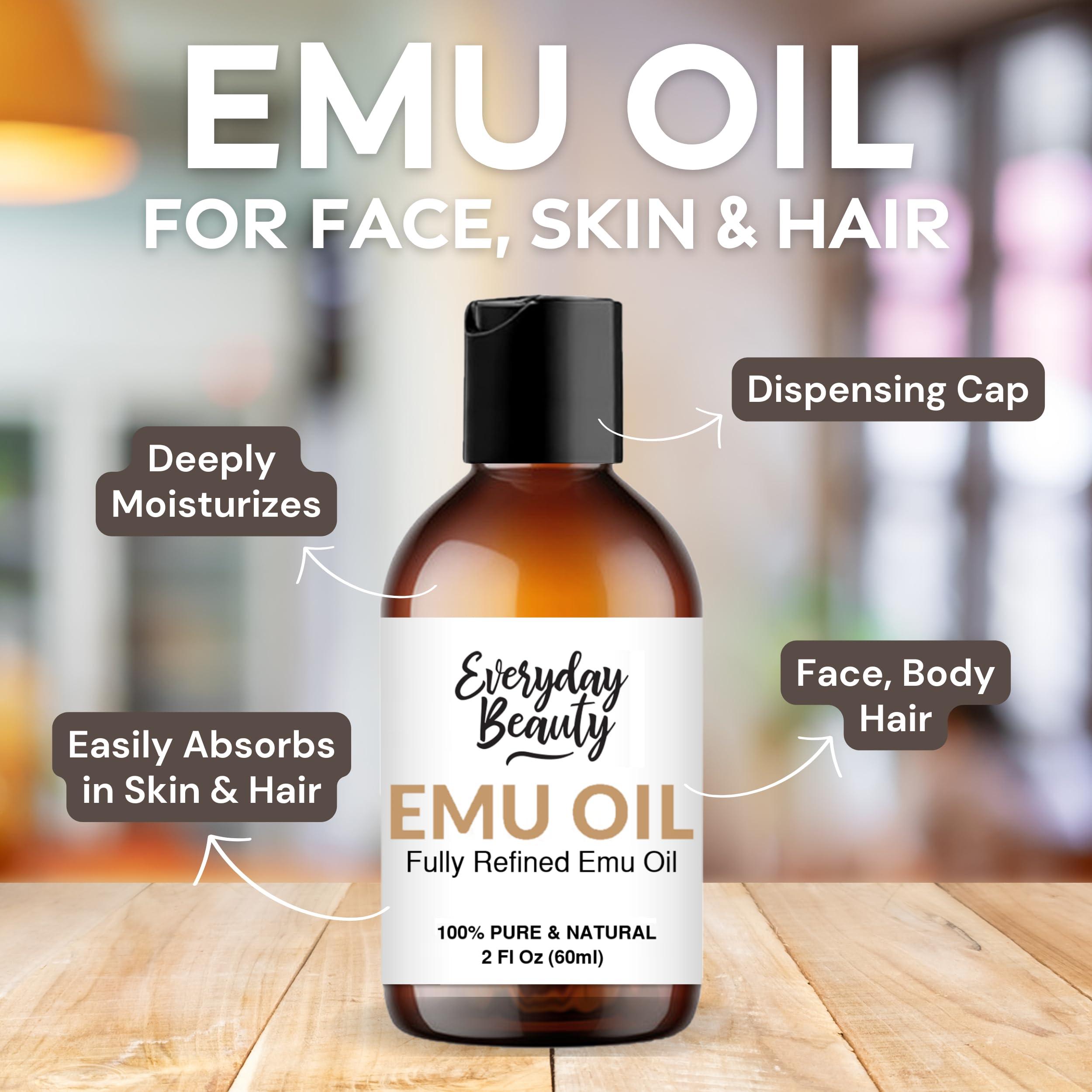 Everyday Beauty Helping You Feel Beautiful Ins Pure Australian Emu Oil - All Natural 6X Refined for Face, Skin and Hair - Highly Effective Hydration for Sensitive Skin and Hair Growth - Perfect for Scars and Blemishes - 2 Fl Oz