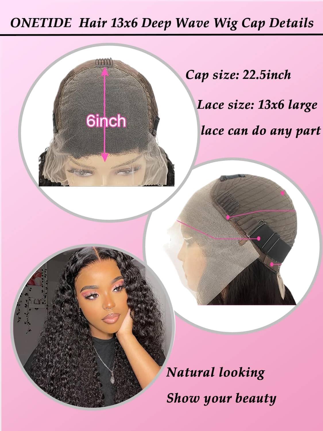 ONETIDE ONETIDE Deep Wave 13x6 Lace Front Wigs Human Hair Brazilian Virgin Hair Lace Frontal Wigs Human Hair 180% Density Pre Plucked with Baby Hair Natural Color 22 Inch
