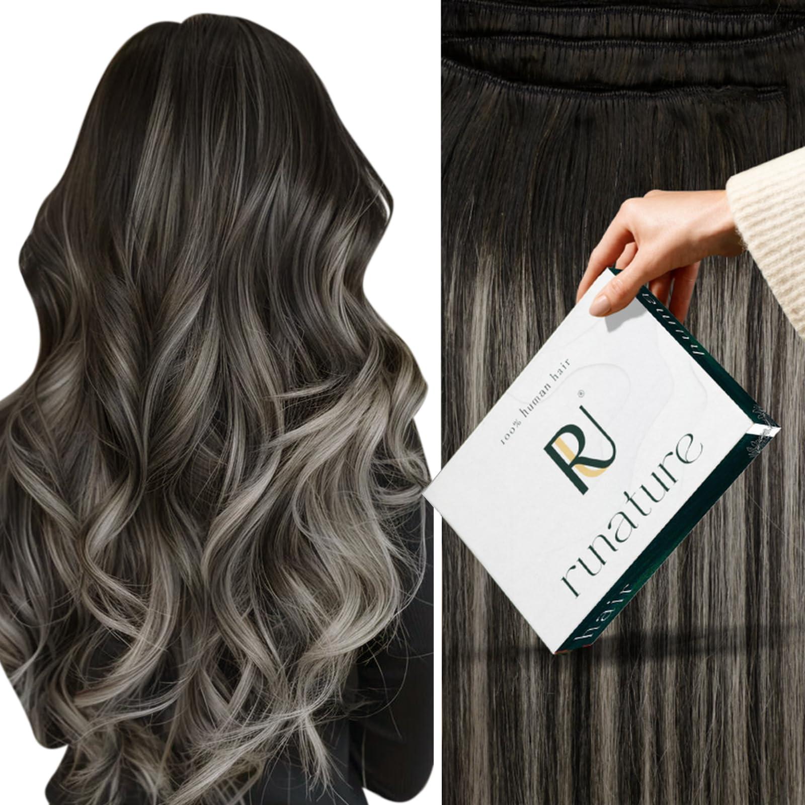 RUNATURE RUNATURE Human Hair Weft Extensions Ombre Black Weft Hair Extensions Human Hair Black to Silver Mix Black Sew in Hair Extensions Real Human Hair Weft Straight Weft Hair Extensions 12 Inch 70g