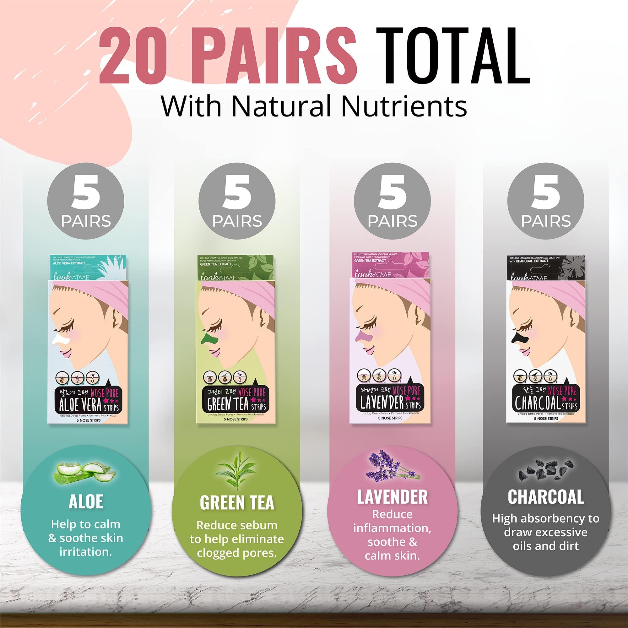 LOOKATME LOOKATME Nose Pore Strips (4-Pack, 20 Nose Strips). Korean Skin Care Blackhead Remover. K Beauty Blackhead Strips for Nose and Face, Black Head Strips Women. Acne Mask for Blackhead Removal. (Combo)