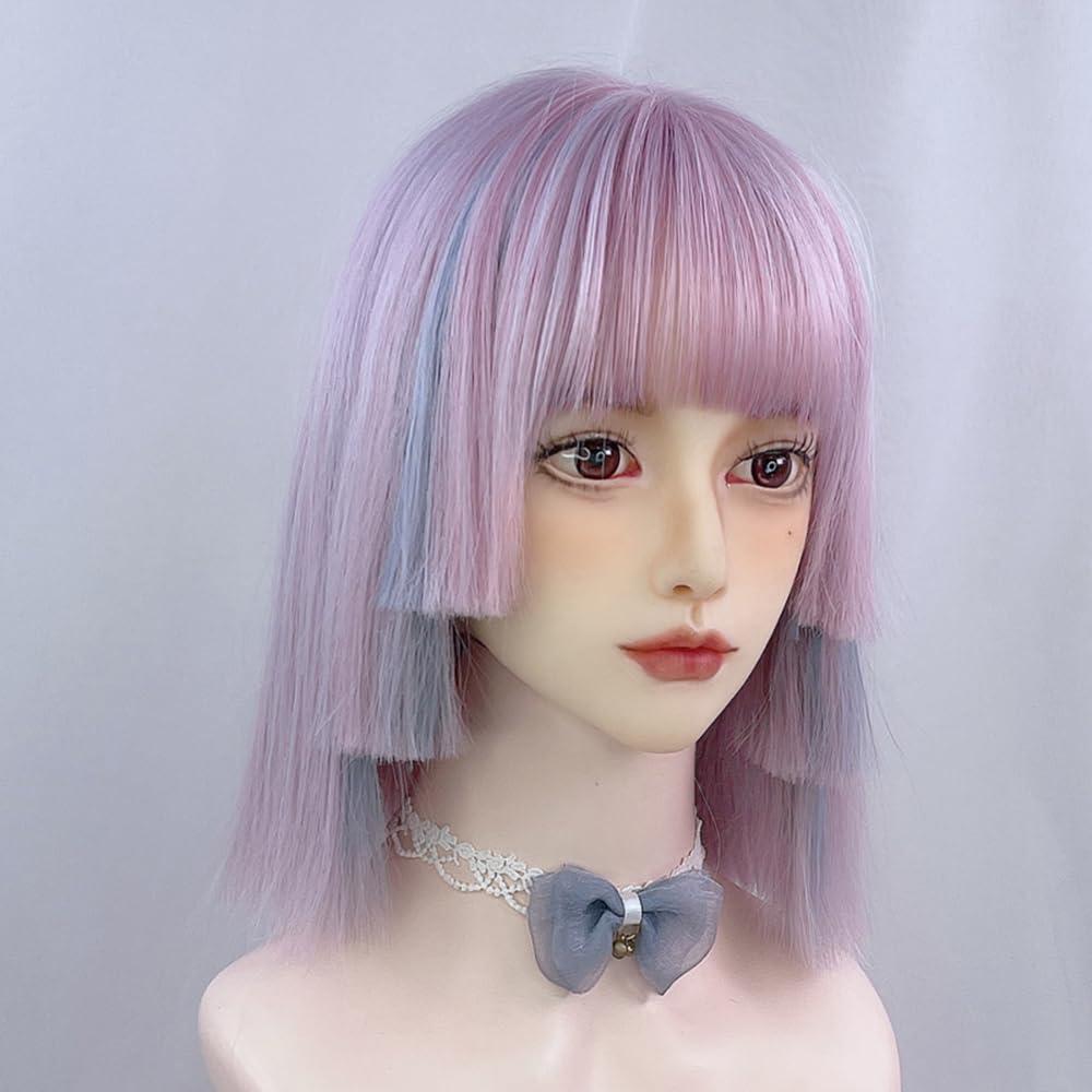 TEDPRBGE TEDPRBGE Women Highlight Ombre Purple Blue Hime Cut Hair Wig with Bangs Natural Looking Synthetic Wig Heat Resistant Hair Wig for Daily Party (Purple Blue)