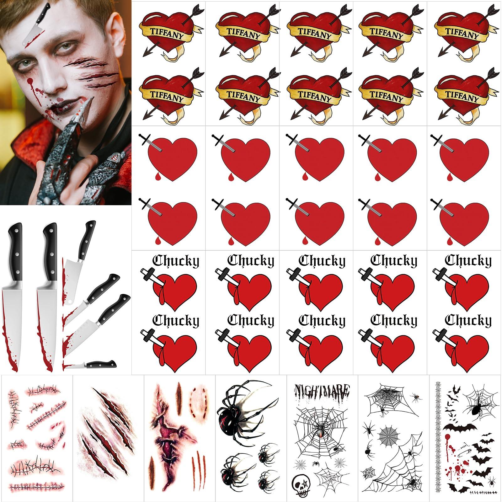 Zomme 86+ PCS Bride of Chucky Tattoos, 3 Styles Chucky Tattoos and Tiffany Tattoos, Fake Scar Spider Tattoo for Halloween, Perfect for Tiffany Costume Bride of Chucky or Halloween Temporary Tattoos Cosplay