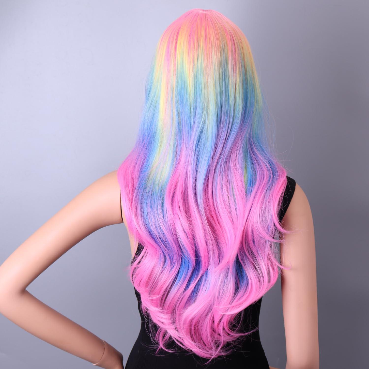 BERON BERON Rainbow Wig Long Wave Wig Colorful Wigs Long Wigs Multi Color Wigs for Women Synthetic Wig for Daily Party Wig Cap Include