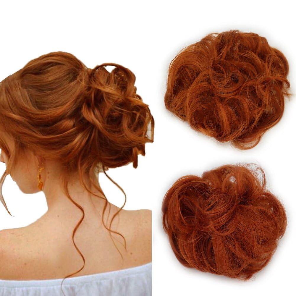iLUU iLUU 2pcs/pack Orange Red Hair Bun Extensions Wavy Curly Messy Synthetic Chignon Hairpiece Easy Bun Hair Pieces for Women Hair Updos for Women Girl - #119B Orange Red Copper Red