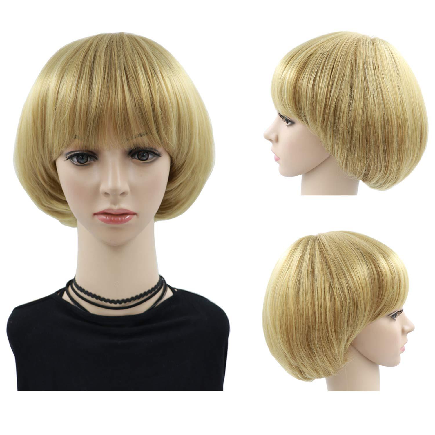 NEWPECK NEWPECK Girls Golden Mushroom Wig Short Bob Wig With Bangs Blonde Bowl Cut Wig Cap For Women