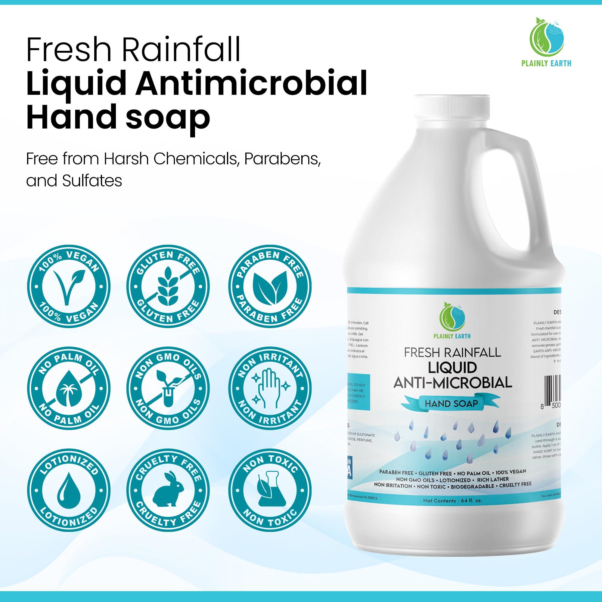 Plainly Earth AntiMicrobial Hand Soap - Antibacterial Hand Soap Moisturizing - Liquid Hand Soap Refill Antibacterial Gallon - Moisturizing Hand Soap Antibacterial - Gentle Hand Soap - Fresh Rainfall, 64 oz