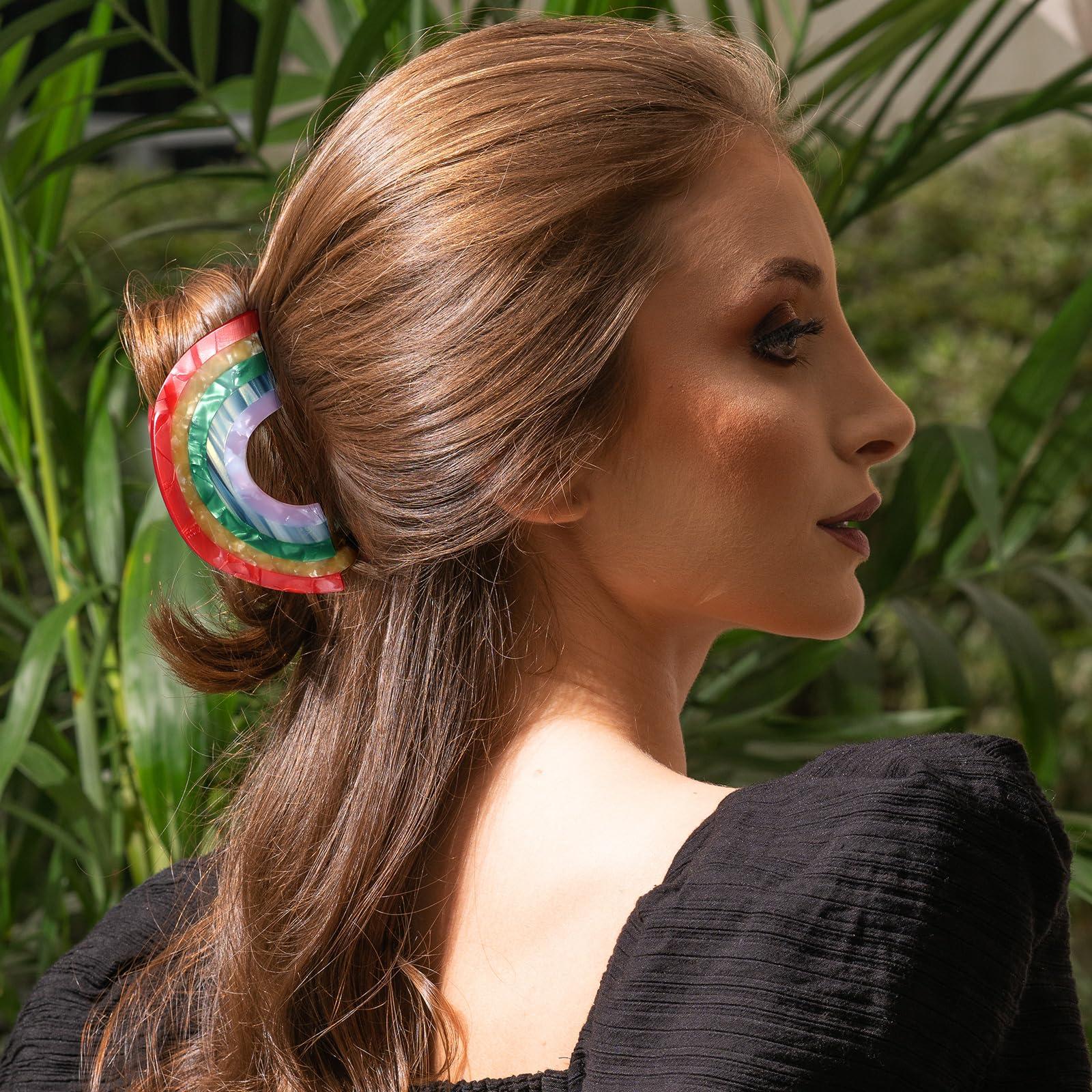 KCHIES Big Rainbow Hair Claw Clip Non Slip 3.5inch Acrylic Acetate 90\'s Strong Hold Jaw Barrettes Cute for Women Girls Thin Thick Hair Accessory Rainbow Pride Parade Valentines Day Gifts