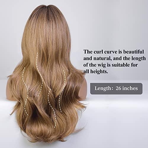 HAIRCUBE HAIRCUBE Light Brown Long Curly Wig with Bangs Heavy Blonde Natural Appearance Heat-Resistant Synthetic Wig Suitable for Fashionable Women 24Inch