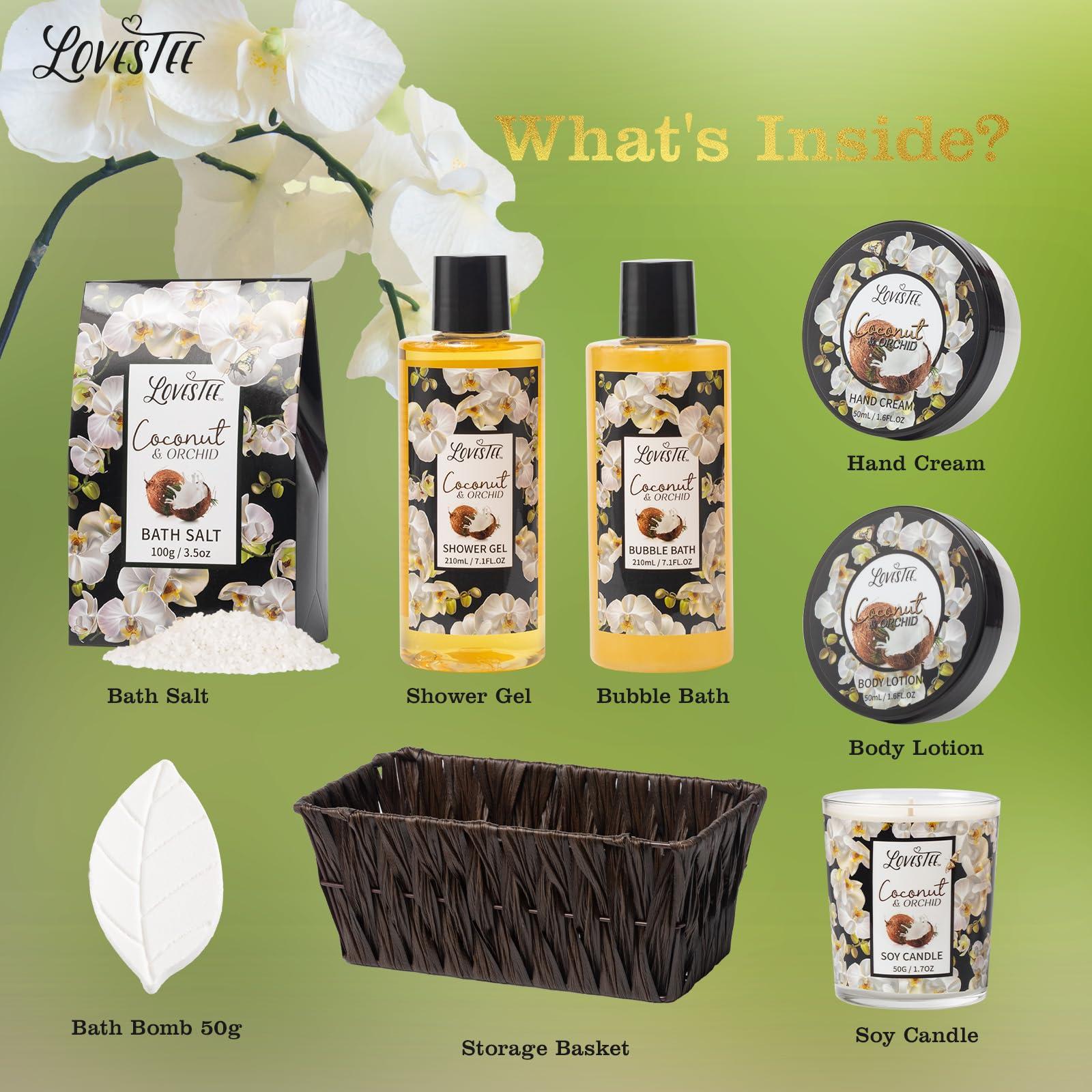 LOVESTEE Valentines Day Spa Gift Baskets For Women, Spa Gifts For Women, Coconut & Orchid Bath & Body Set, Includes Shower Gel, Hand Cream, Body Lotion, Candle And More, Gifts For Women, Gift For Mom