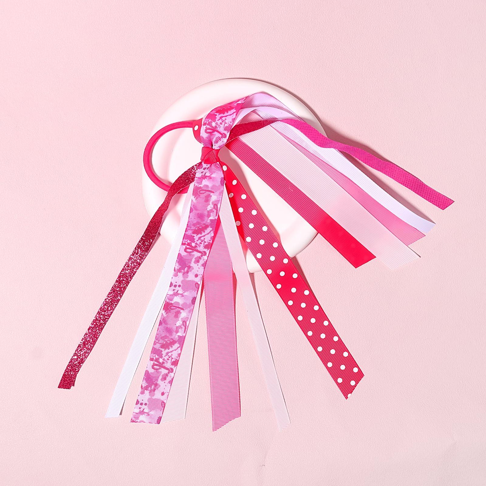 DIUEWOW Breast Cancer Awareness Hair Ties for Women Girl Glitter Pink Ribbon Ponytail Holders Hair Accessories Pink Ribbon Elastic Hair Bands Ropes for Party Fundraising Event(StyleB)