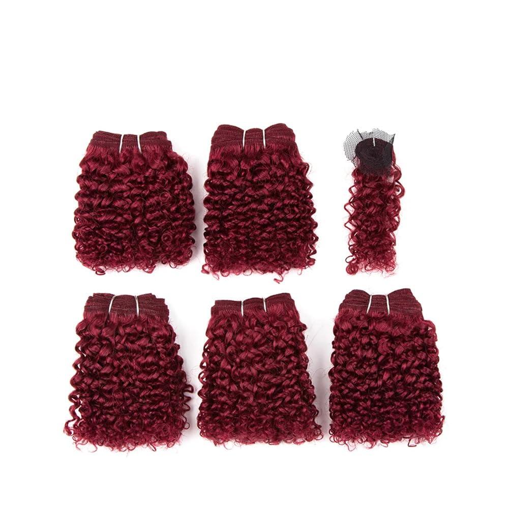 Generic 30# Red Burgundy 99J 5 Bundles Remy Hair Extention Double Drawn Short Indian Kinky Curly Bundles With Clocure P1B30 6inches#5Pcs/Lot