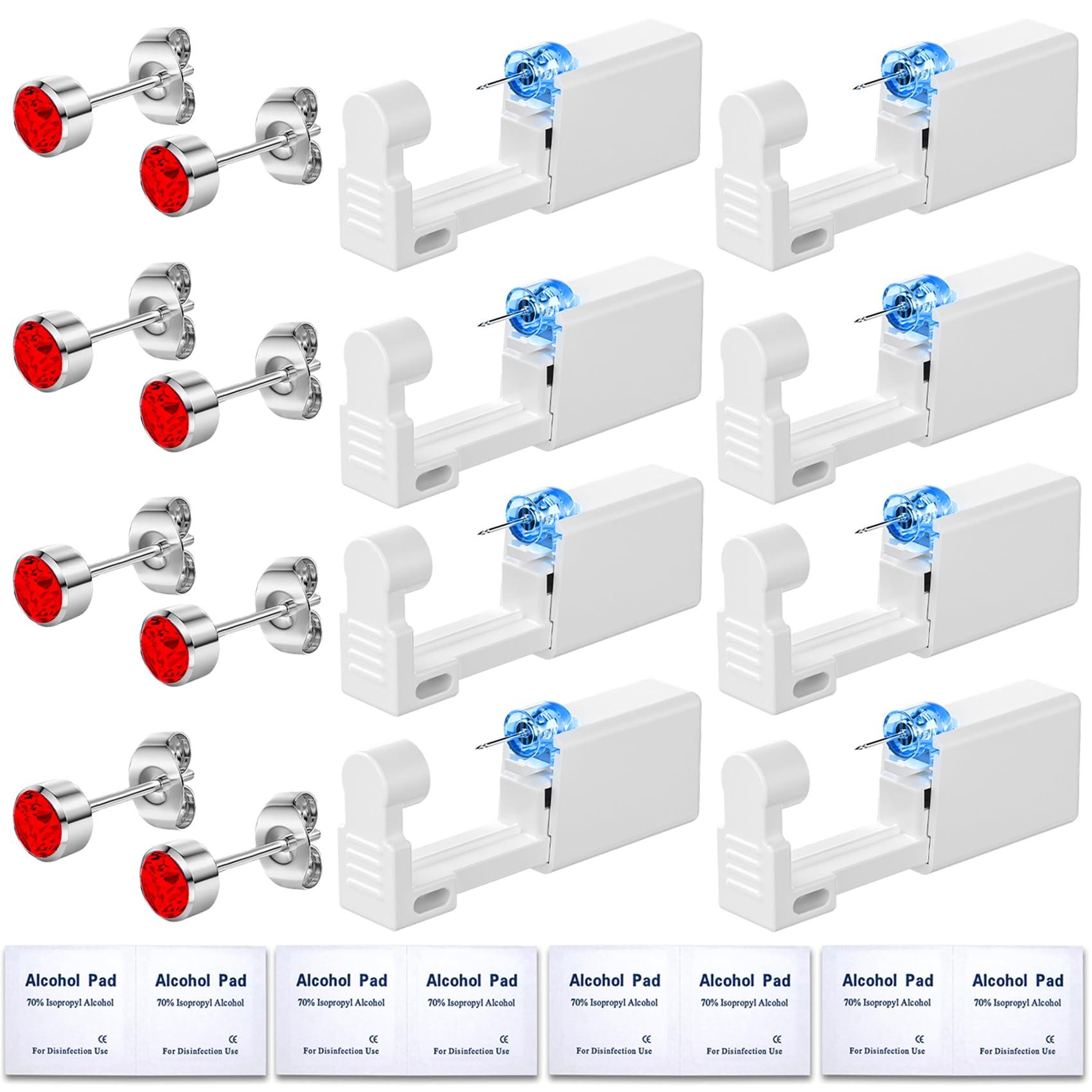 Novopiercing Get the Perfect Ear Piercing with 24 Pcs Premium Ear Piercing Kit - Includes 8 Red CZ Diamond Earrings and 8 Easy-to-Use Self Ear Piercing Gun - Safe and Painless - Sliver