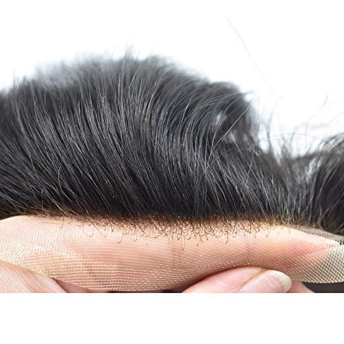 LHC HAIR LHC HAIR Fine Mono Mens Toupee 100% Black Indian Remy Human Hair Wigs Welded Mono Systems Lace Poly PU Hairpieces Custom Hand-Tie Units (10"*8", 1B# Off/Natural Black - 130% Medium Density)
