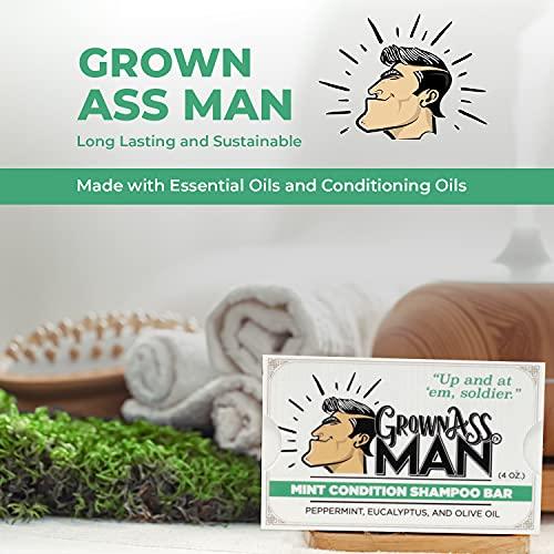 Grown Ass Man Co. Grown Ass Man Co. - Solid Shampoo Bar Rich Lather 3 in 1: Hair, Beard & Body Wash - Plastic Free & Eco-Friendly, Natural & Organic Clean for All Hair Types, 4oz Bar (Mint Condition, Single)