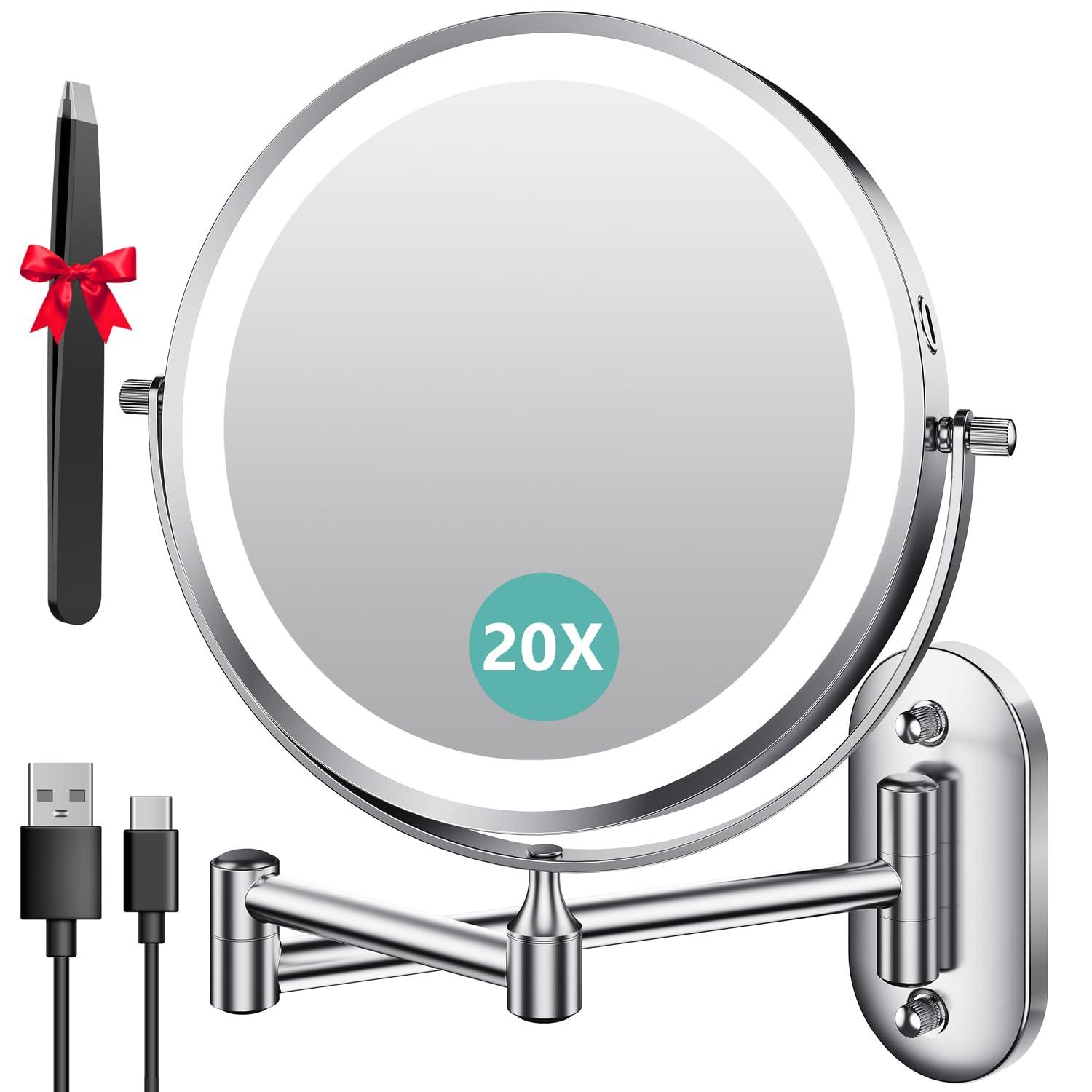 Auxmir 1X/20X Wall Mounted Makeup Mirror with Light, 8\" Double-Sided Magnifying Mirror, 3 Color Lights Touch Dimmable Vanity Mirror with 360 Extension Rotation Foldable 14.5 Inch Arm for Bathroom