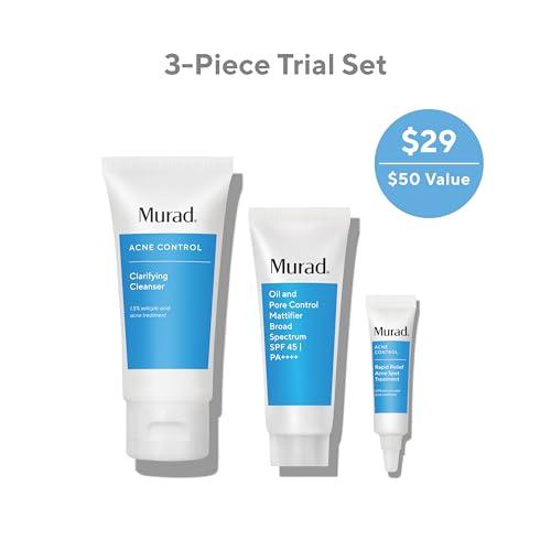 Murad Murad Acne Trial Kit - Clear Breakouts + Control Oil 3-Piece Trial Kit ($50 Value) - Clarifying Cleanser 2Fl Oz, Rapid Relief Acne Treatment 0.25Fl Oz, Oil & Pore Mattifer SPF 45 0.8Fl Oz