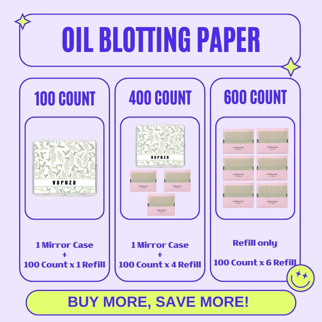 varuza [400 Counts + Mirror Case] Green Tea Natural Oil Blotting Sheets for Face with Mirror Case and Refills
