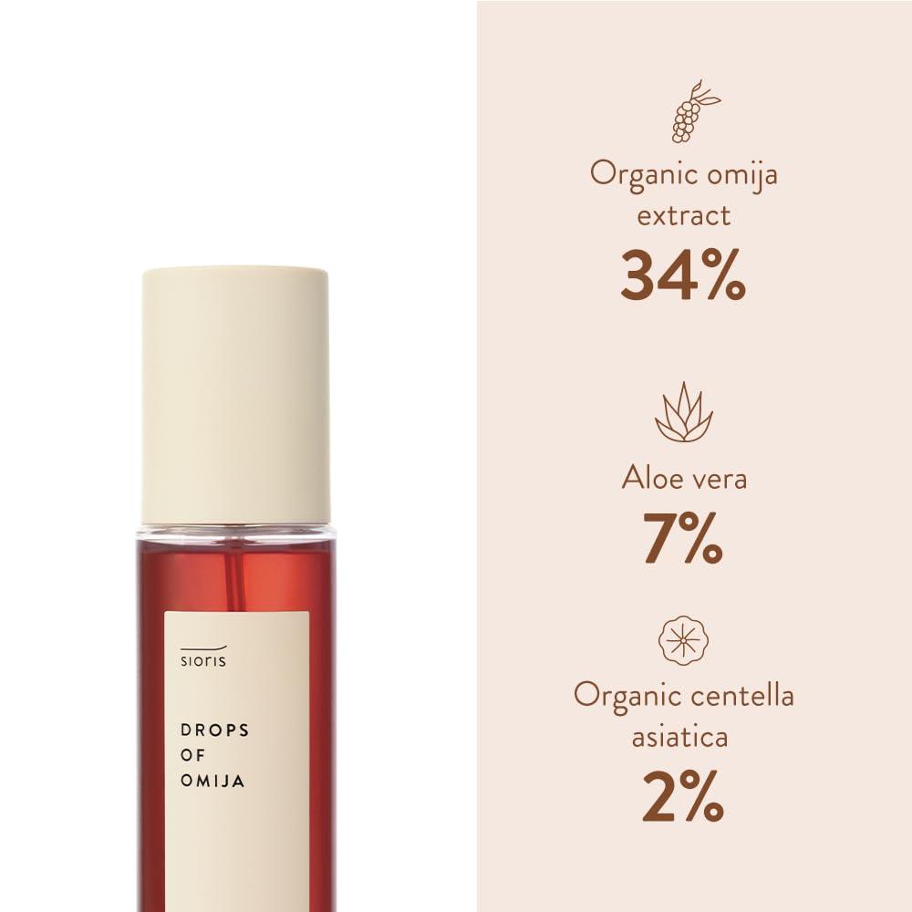 SIORIS SIORIS Drops of Omija Calming Mist (3.38 fl. oz) features 34% organic Omija, calming the skin, rejuvenating skin, and controlling sebum with mild acidity for a healthy skin