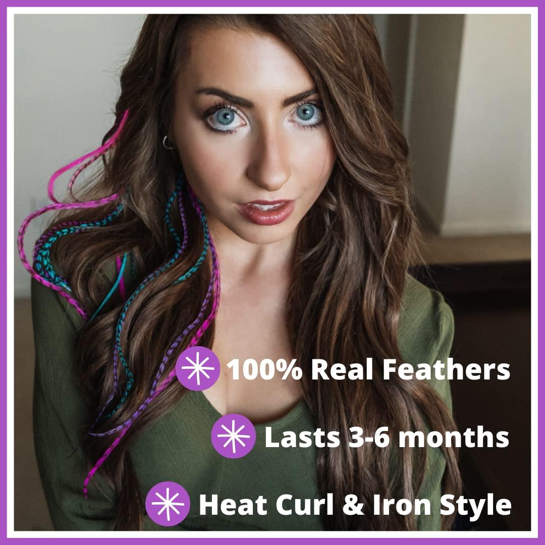 Feather Lily Hair Feathers and Tool Kit, Pink, Purple, Blue and Black & White Striped Feather Extensions with Beads, loop tool and pliers
