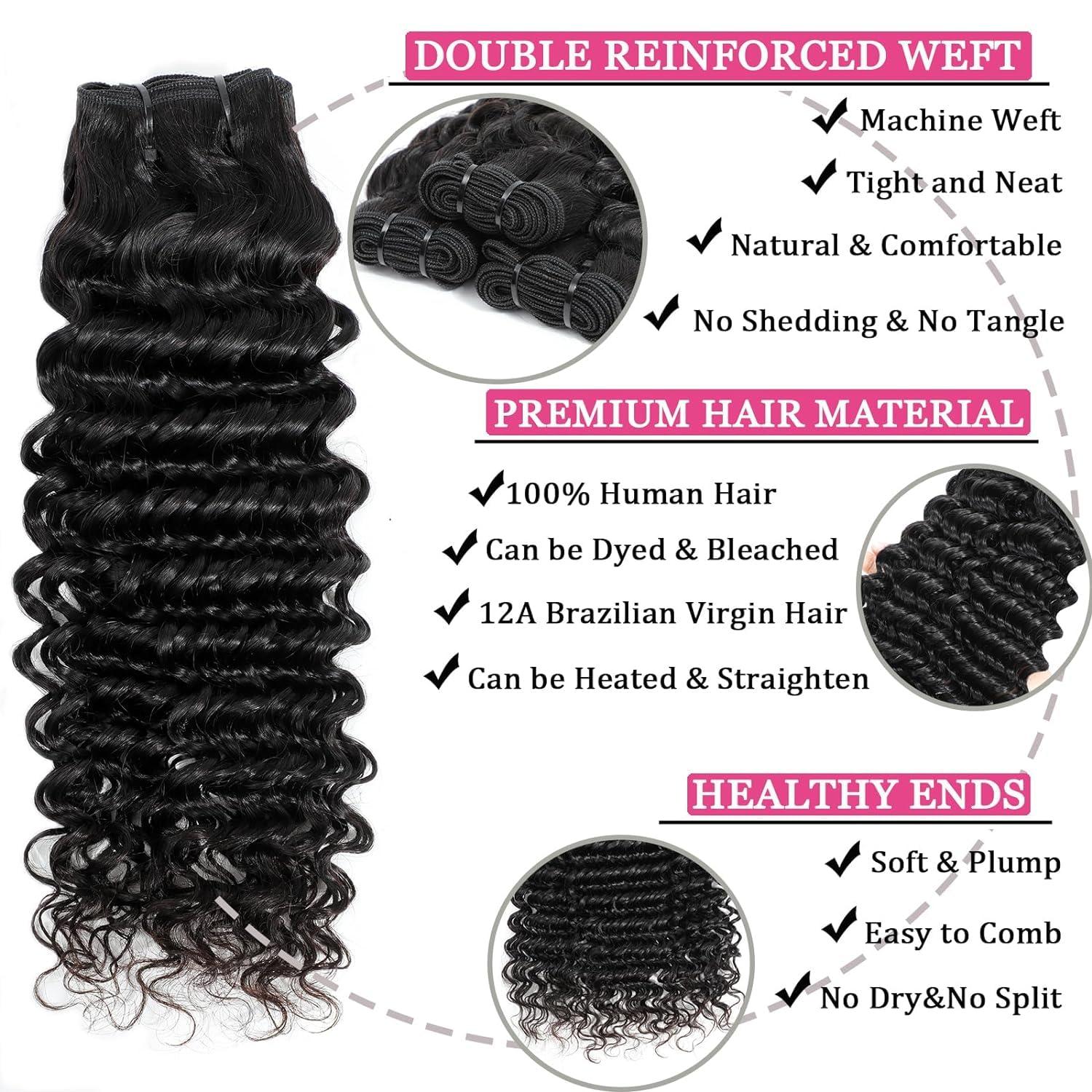 NROOEAY NROOEAY Deep Wave Bundles Human Hair Bundle 20 Inch 100% Unprocessed Brazilian Virgin Curly Human Hair Bundles Loose Deep Wave Bundles Human Hair Weave Bundles