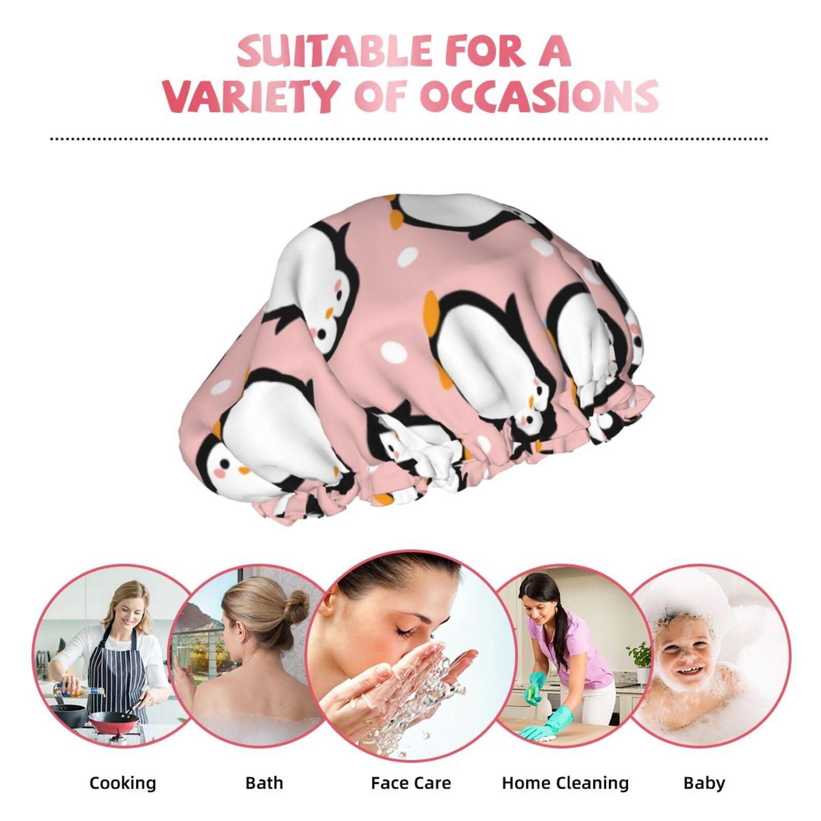 YIPOCH Cute Animal Penguin Large Shower Cap for Women Men Shower Caps for Women Reusable Waterproof Hair Cap Double Layers Showercap With PEVA Lined & Elastic Band Fashion Shower Bonnet